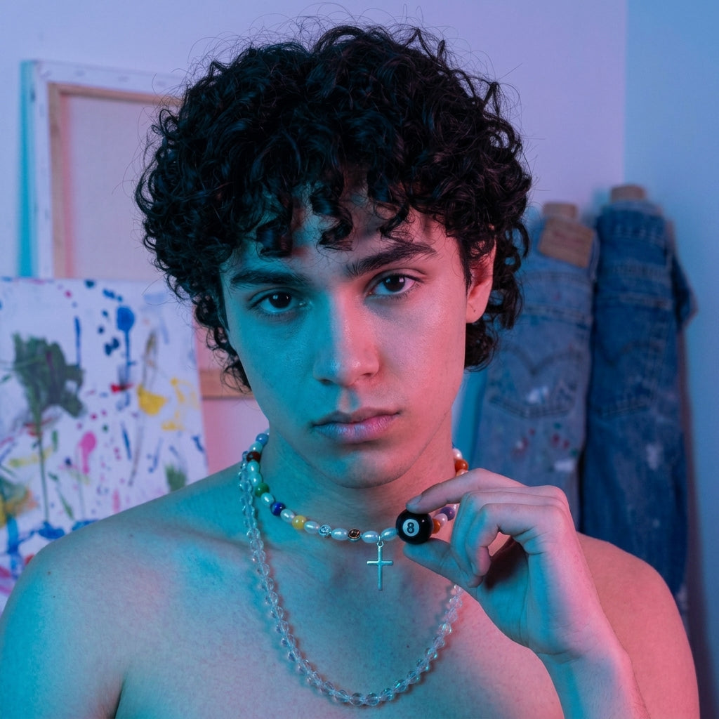 A young male artist in a creative studio holding an 8-ball bead and wearing a Y2K pearl cat-eye cross necklace by SpiritPalette.