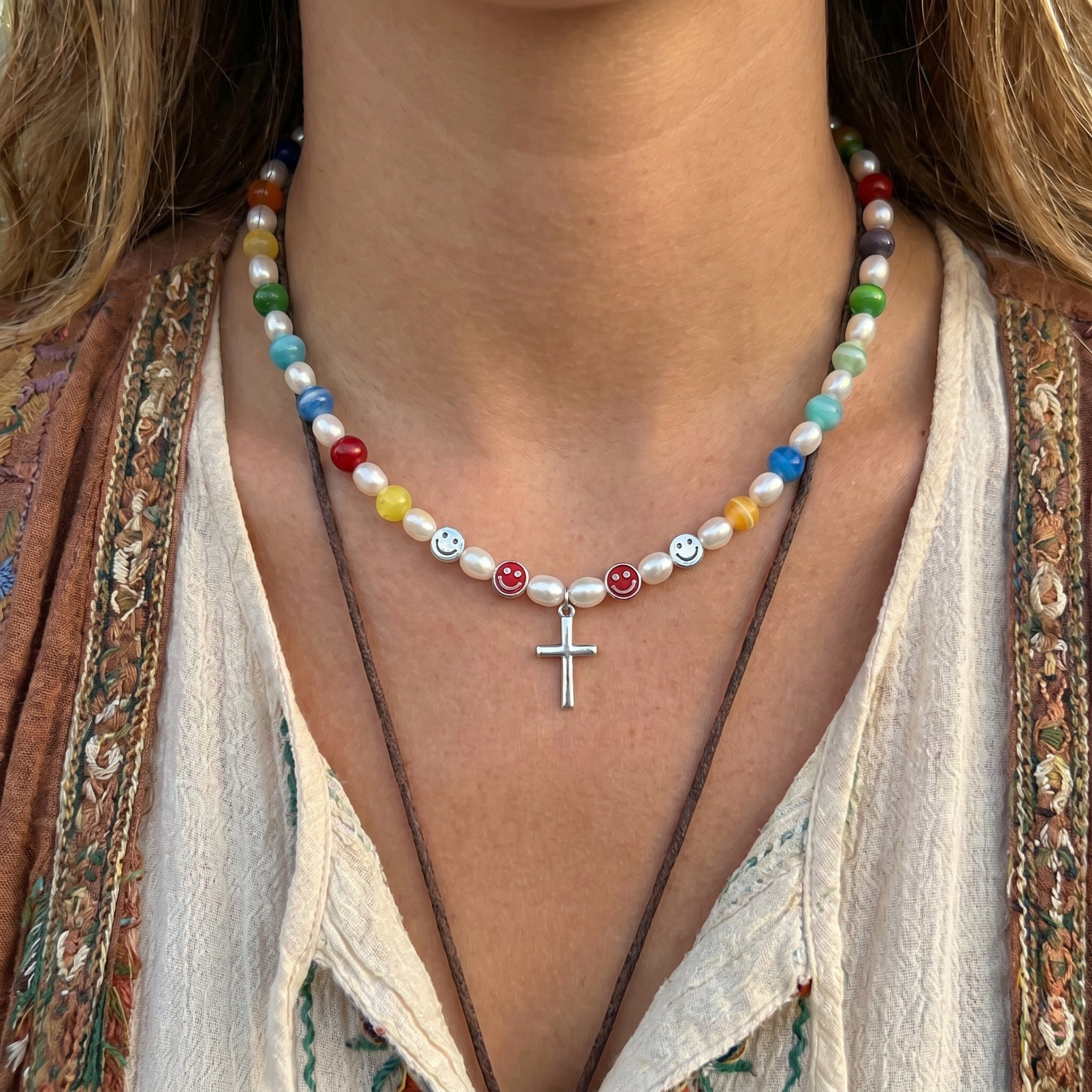 The "Chroma Rebel" Y2K Cat-Eye Cross Necklace — Multi-Color