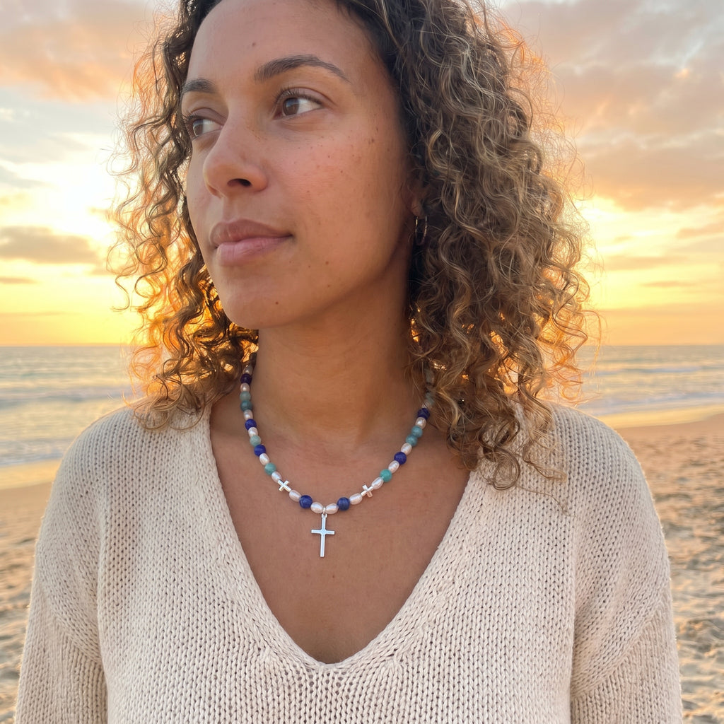 The "Chroma Rebel" Y2K Cat-Eye Cross Necklace — Polar Blue